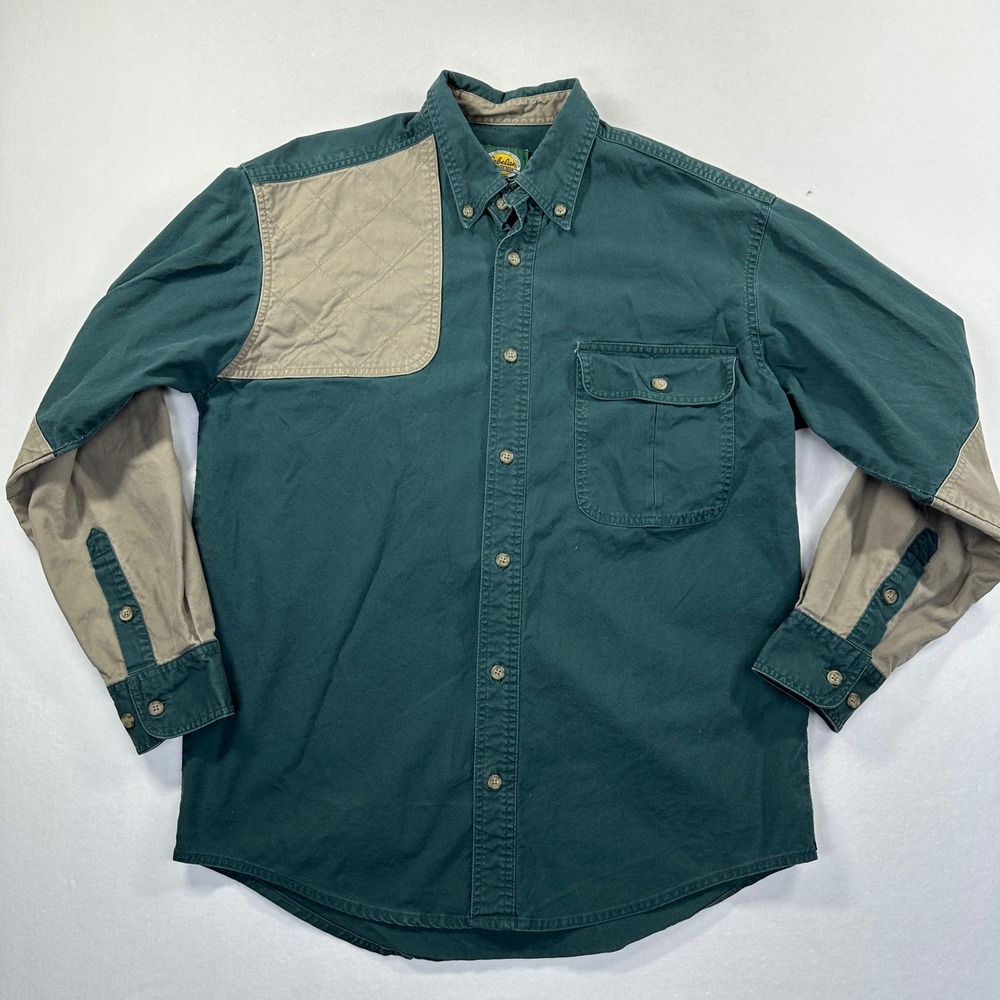 Cabelas Shooting Shirt Medium Green Tan Quilted Shoulder Patch Hunting Gorpcore